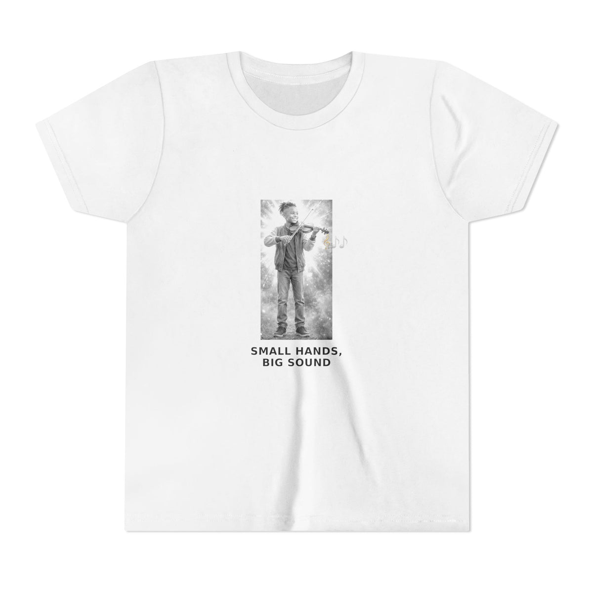 Small Hands, Big Sound — Black Boy Violin Pre-Teen Musician Tee (Black Ink) (Front Print)
