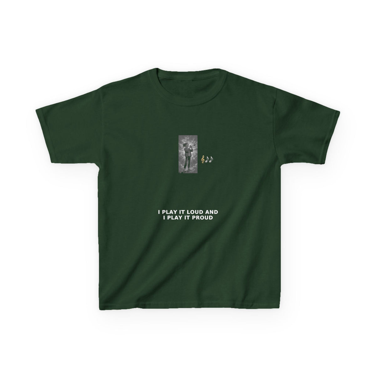 I Play It Loud and I Play It Proud — Girl Trumpet Pre-Teen Musician Tee (White Ink) (Budget Edition) (Front Print)