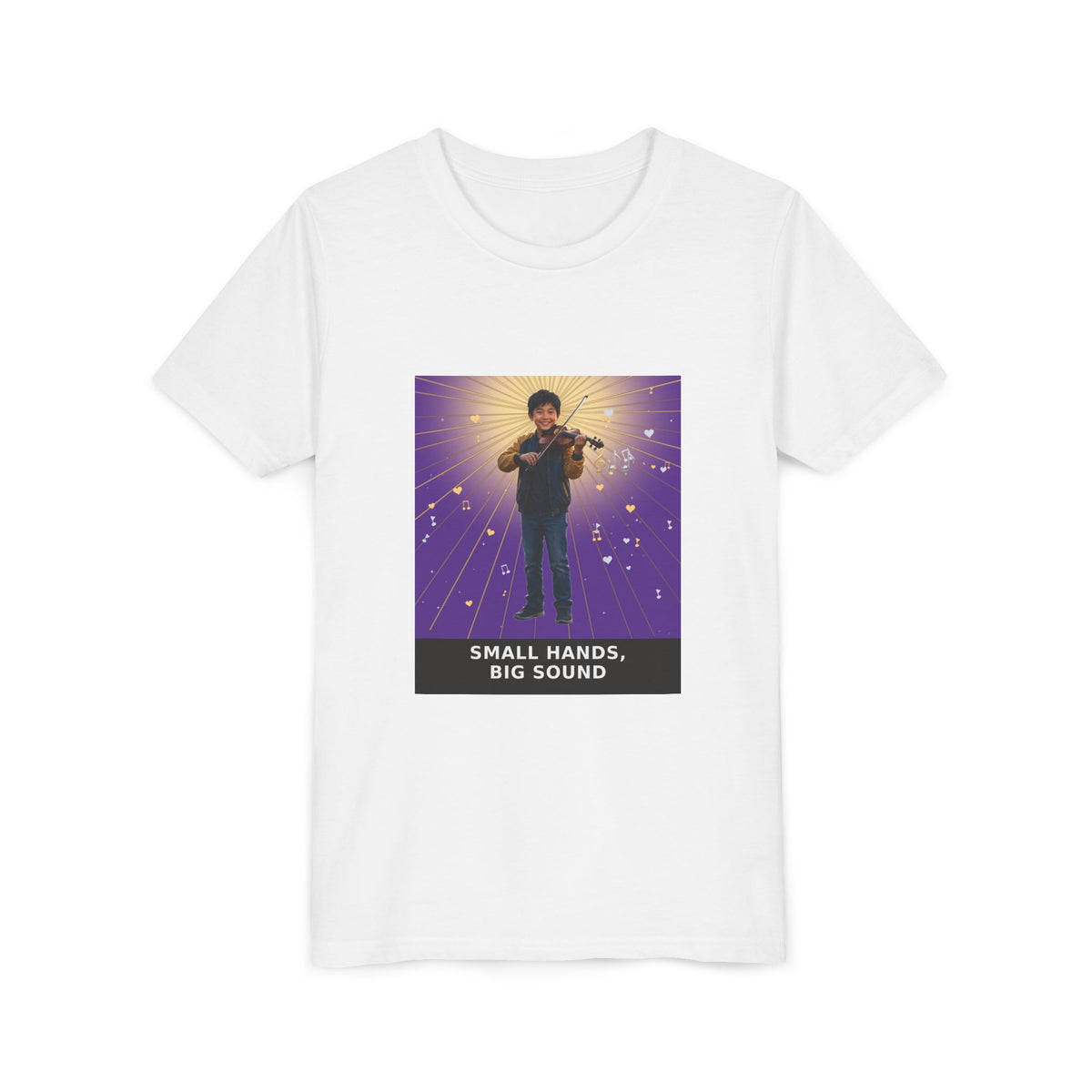 Small Hands, Big Sound — Asian Boy Violin Pre-Teen Musician Tee (Royal Purple) (Front Print)