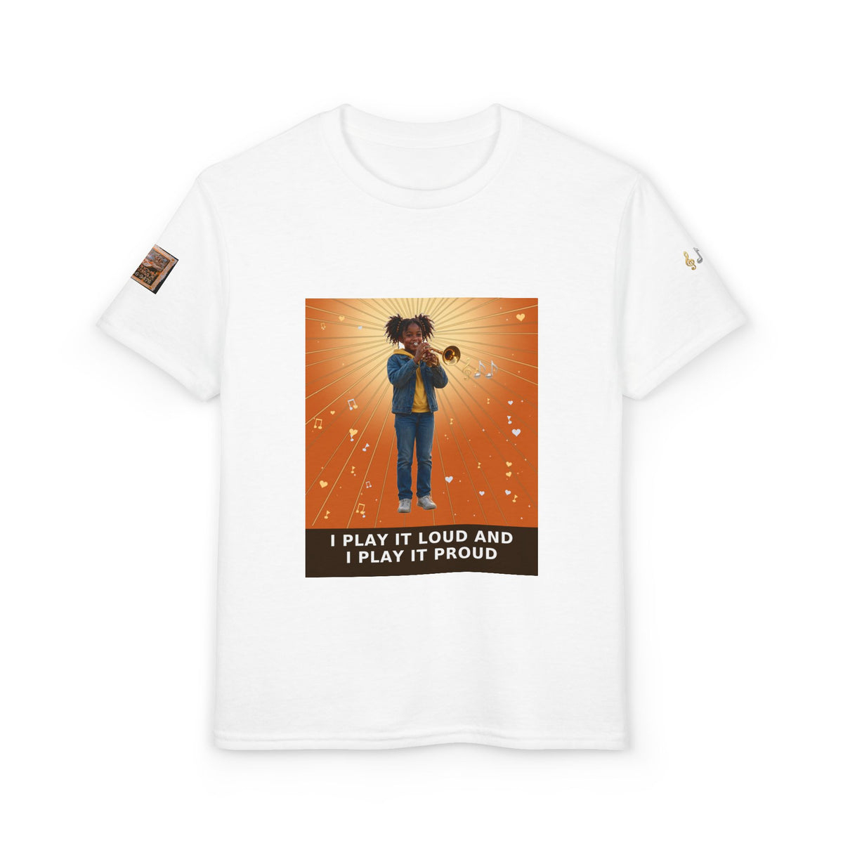 I Play It Loud and I Play It Proud — Black Girl Trumpet Pre-Teen Musician Tee (Sunset Orange)