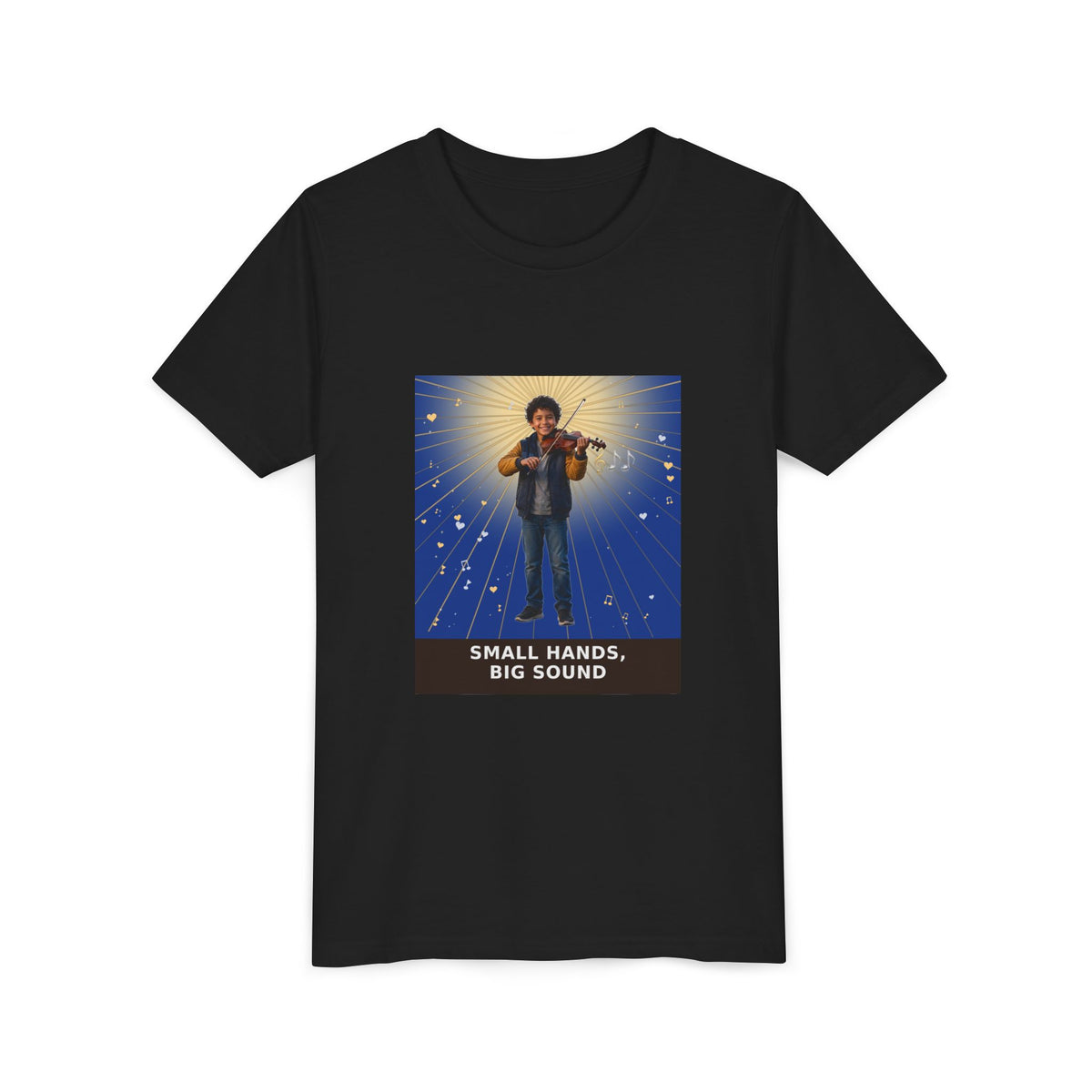 Small Hands, Big Sound — Latino Boy Violin Pre-Teen Musician Tee (Deep Blue) (Front Print)