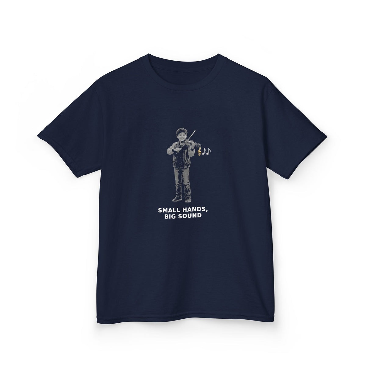 Small Hands, Big Sound — Asian Boy Violin Pre-Teen Musician Tee (White Ink) (Budget Edition) (Front Print)