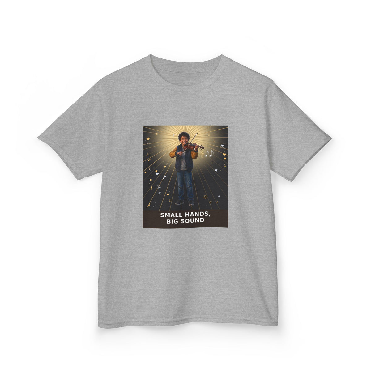 Small Hands, Big Sound — Latino Boy Violin Pre-Teen Musician Tee (Budget Edition) (Front Print)