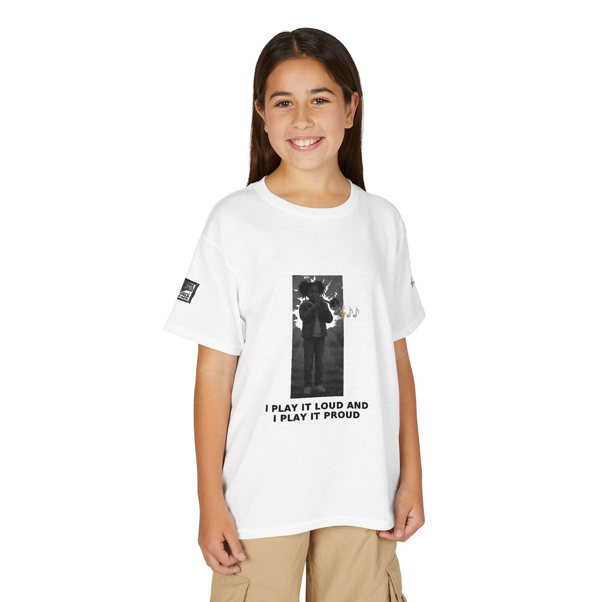 I Play It Loud and I Play It Proud — Black Girl Trumpet Pre-Teen Musician Tee (Black Ink)