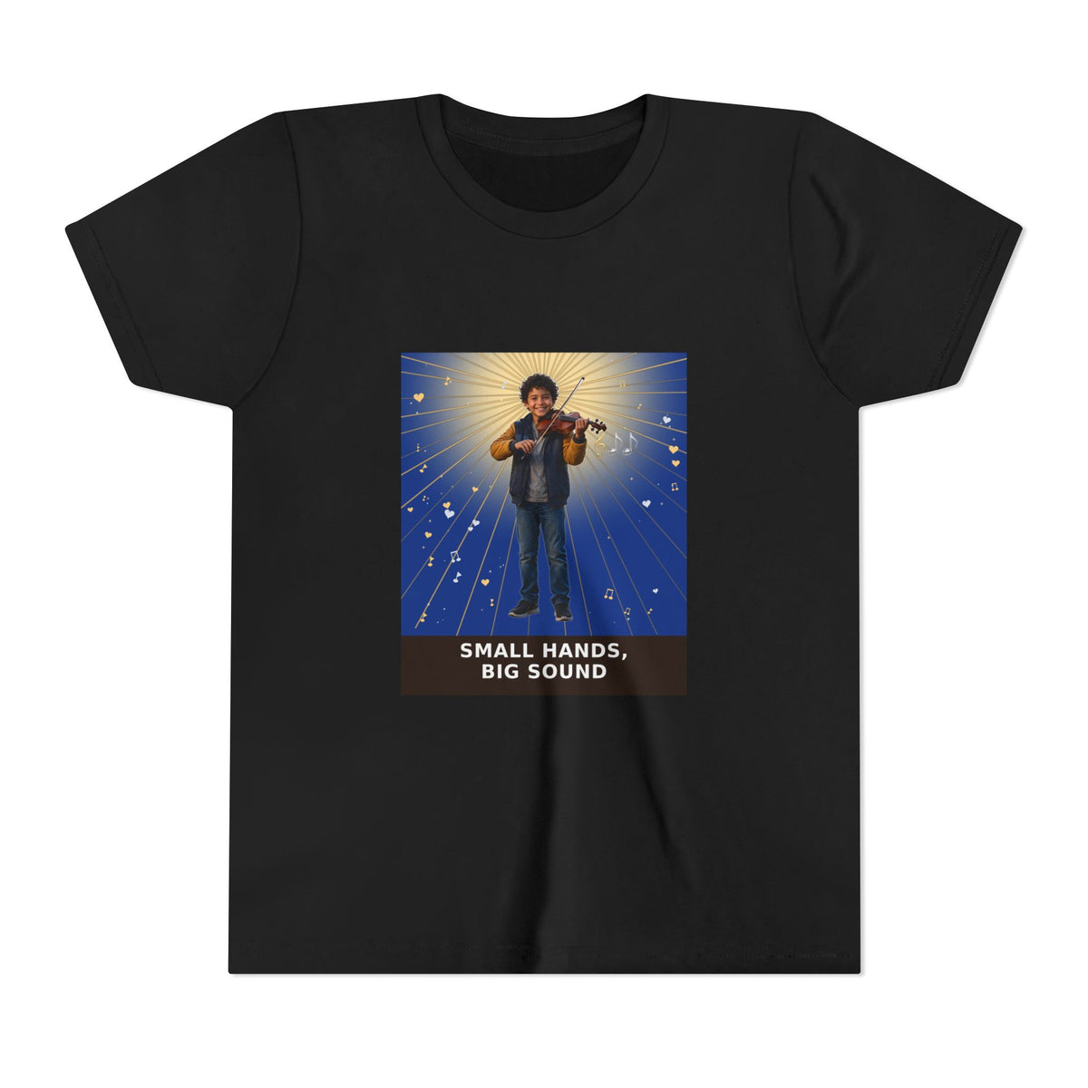 Small Hands, Big Sound — Latino Boy Violin Pre-Teen Musician Tee (Deep Blue) (Front Print)