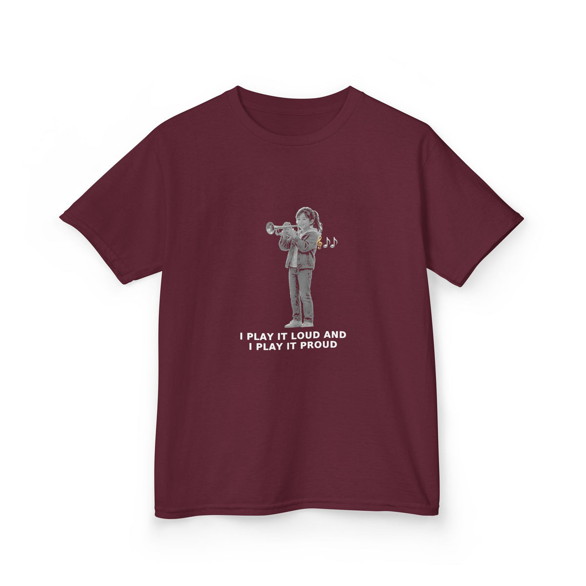 I Play It Loud and I Play It Proud — Asian Girl Trumpet Pre-Teen Musician Tee (White Ink) (Budget Edition) (Front Print)
