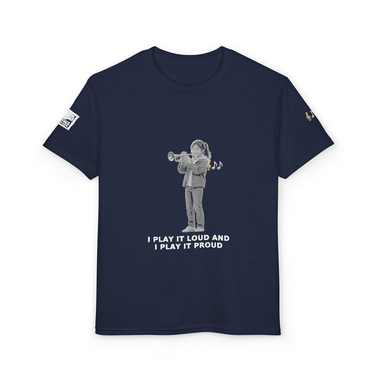 I Play It Loud and I Play It Proud — Asian Girl Trumpet Pre-Teen Musician Tee (White Ink) (Budget Edition)