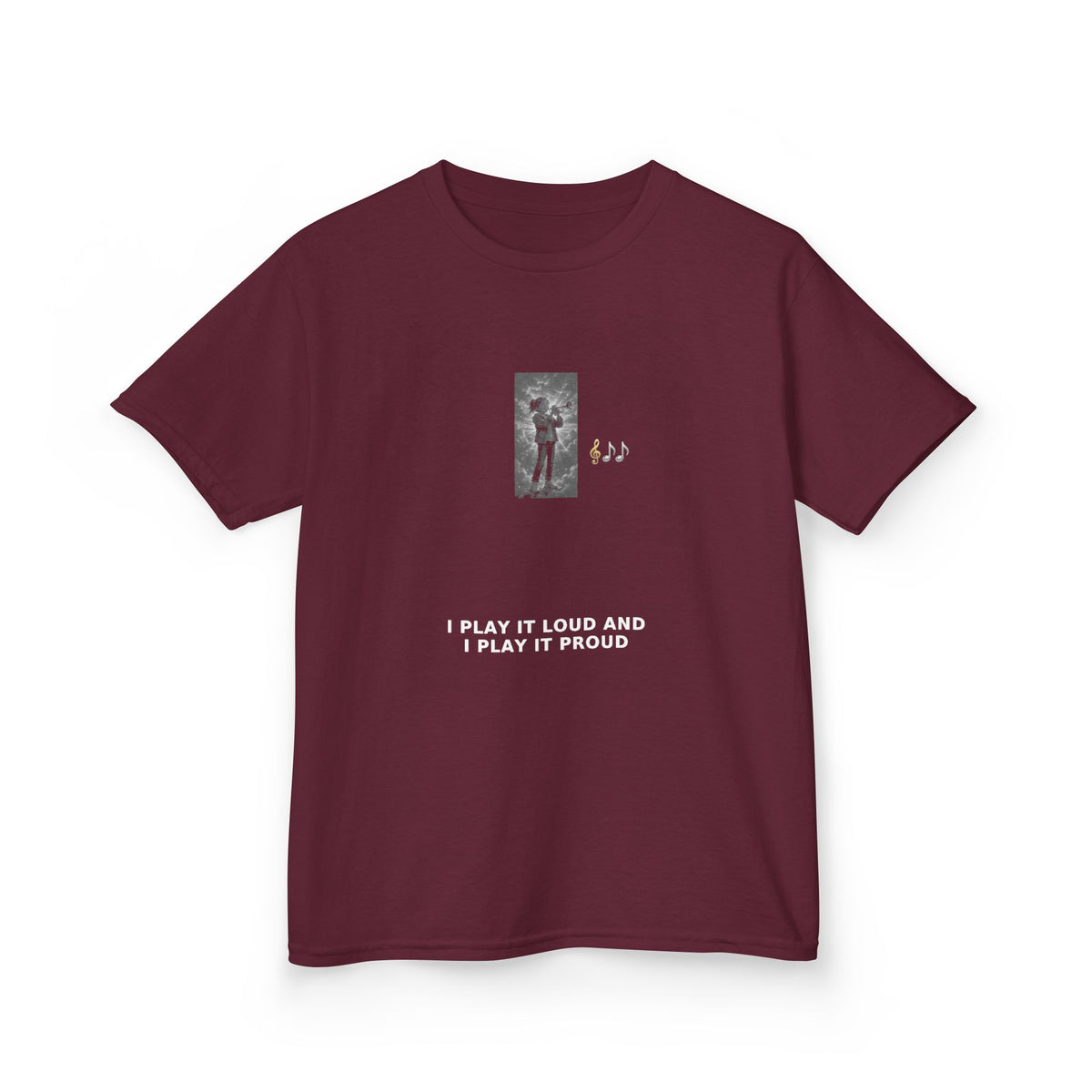 I Play It Loud and I Play It Proud — Girl Trumpet Pre-Teen Musician Tee (White Ink) (Budget Edition) (Front Print)