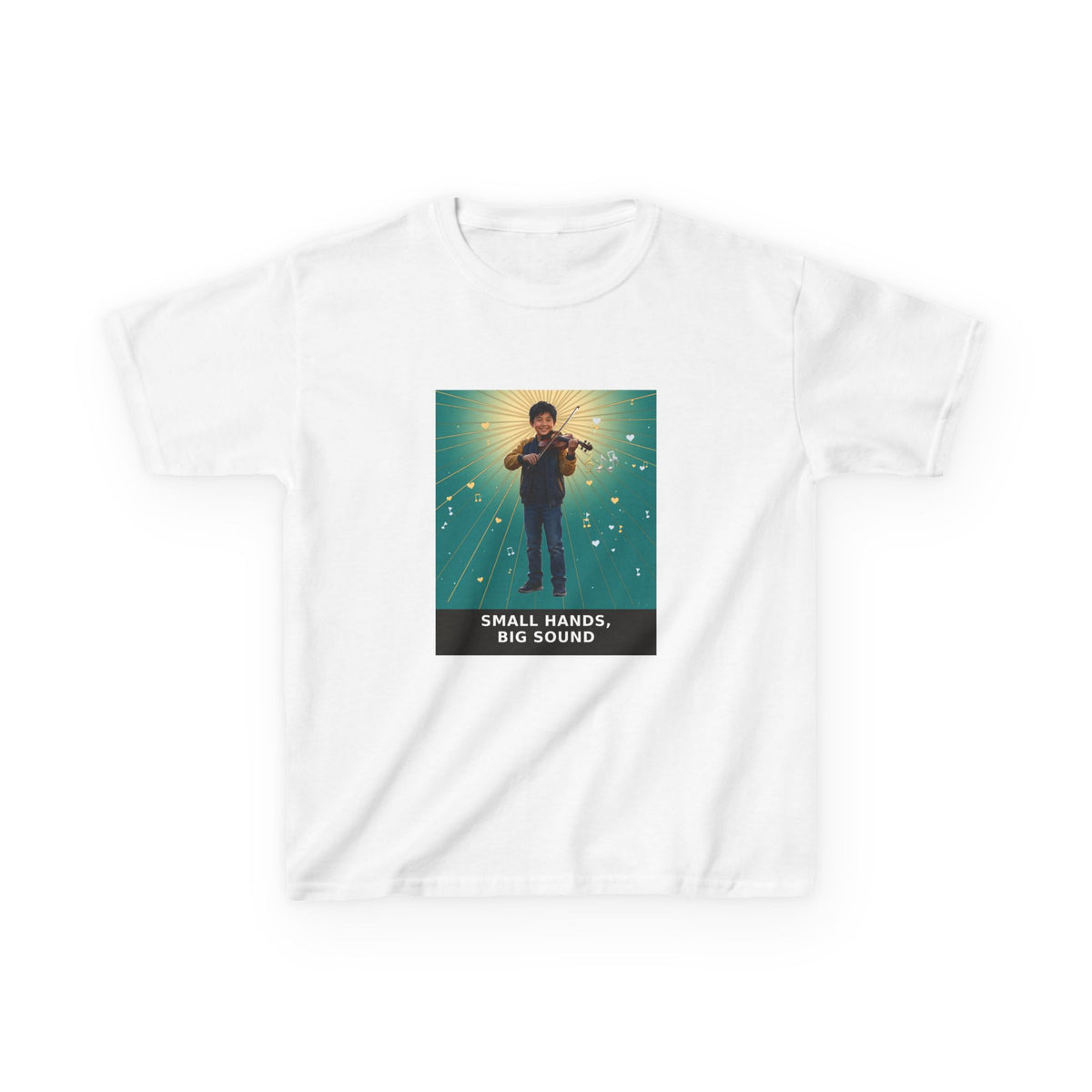 Small Hands, Big Sound — Asian Boy Violin Pre-Teen Musician Tee (Teal) (Budget Edition) (Front Print)