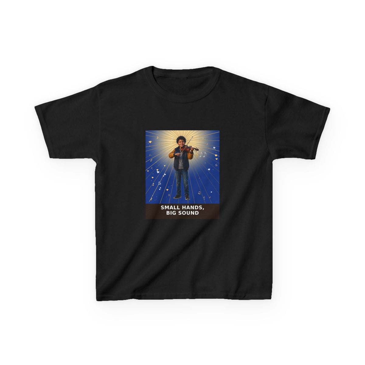 Small Hands, Big Sound — Latino Boy Violin Pre-Teen Musician Tee (Deep Blue) (Budget Edition) (Front Print)