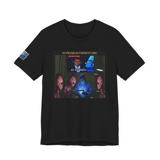 Alien Disclosure T-Shirt - UFO News Cover-Up, Funny Alien Surgery Art, Badge Sleeve