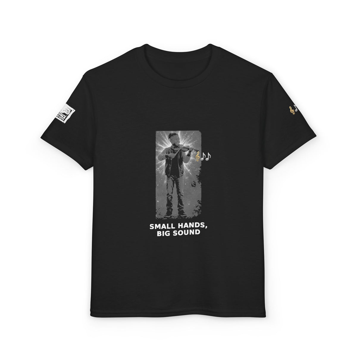 Small Hands, Big Sound — Black Boy Violin Pre-Teen Musician Tee (White Ink)