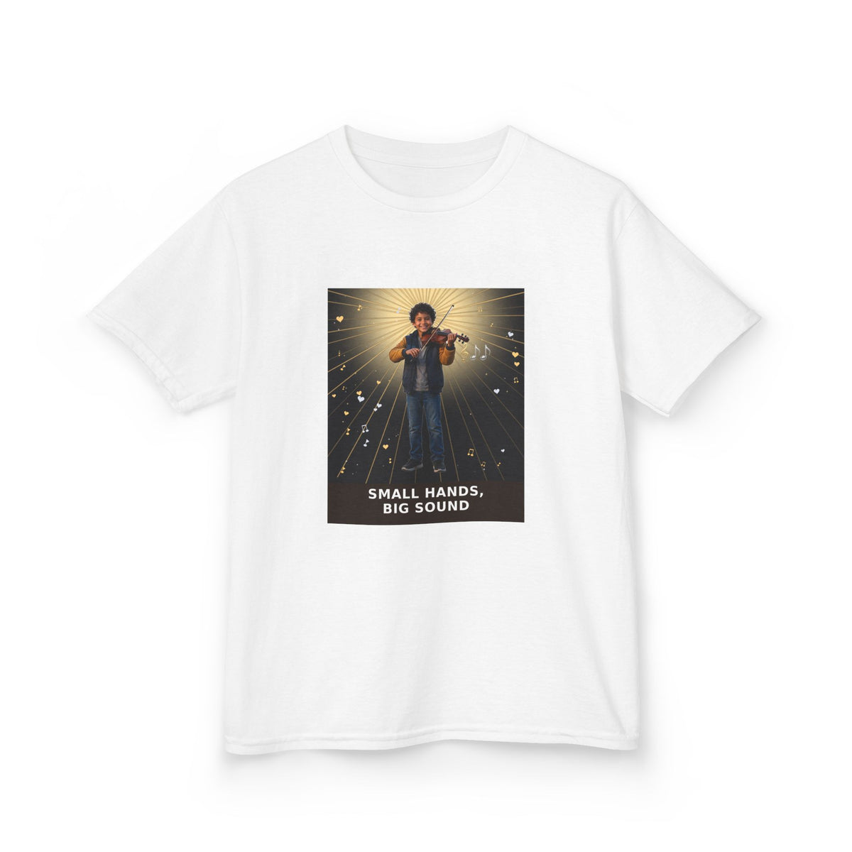 Small Hands, Big Sound — Latino Boy Violin Pre-Teen Musician Tee (Budget Edition) (Front Print)