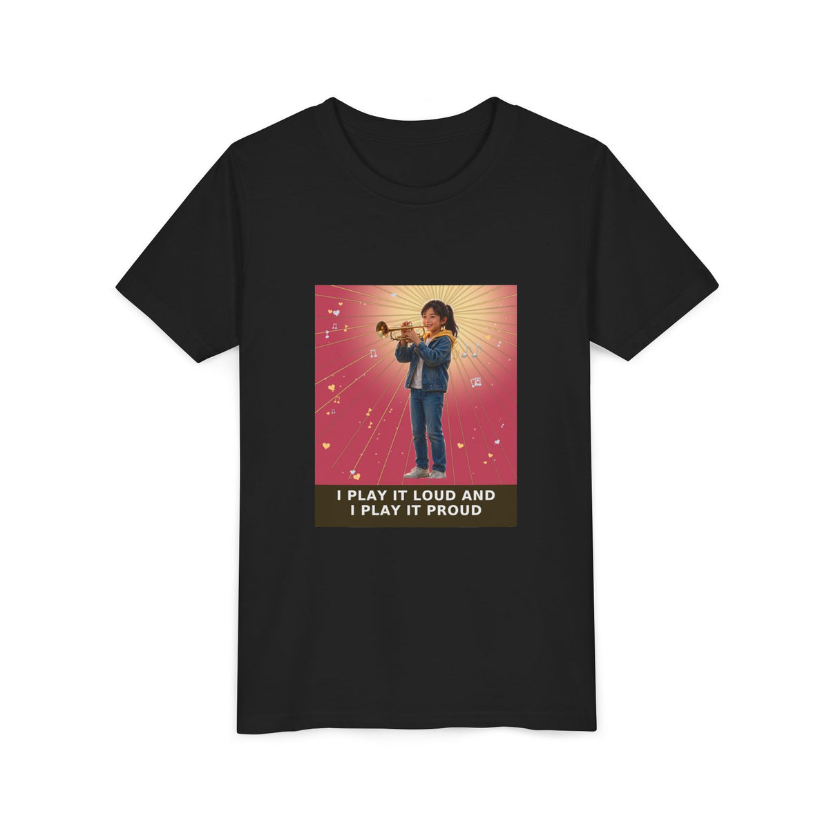 I Play It Loud and I Play It Proud — Asian Girl Trumpet Pre-Teen Musician Tee (Rose) (Front Print)