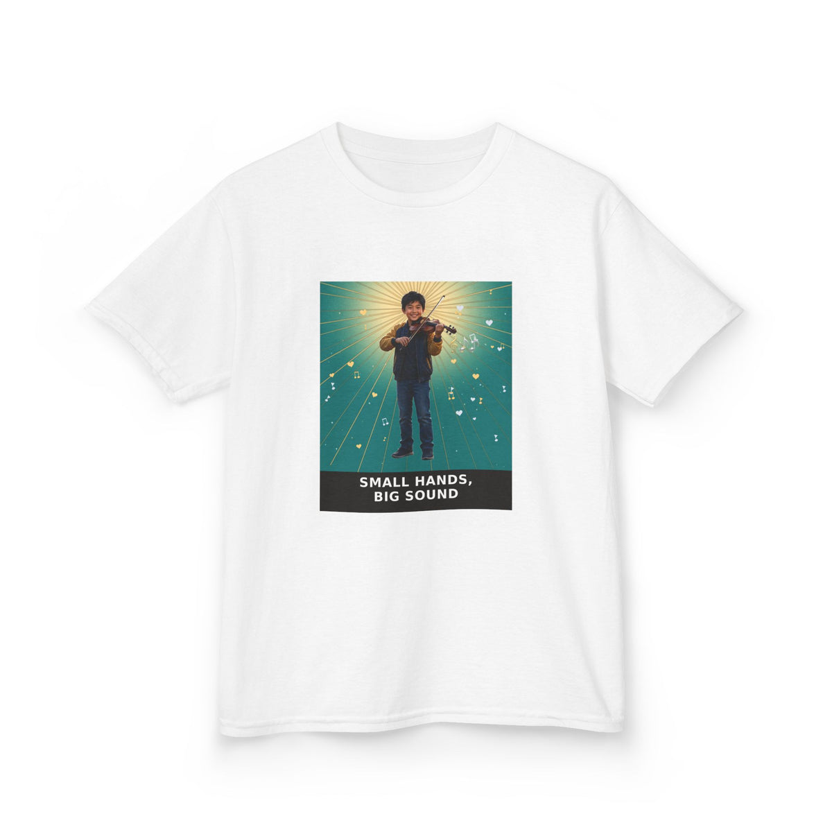 Small Hands, Big Sound — Asian Boy Violin Pre-Teen Musician Tee (Teal) (Budget Edition) (Front Print)
